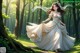 A woman in a wedding dress walking through a forest.