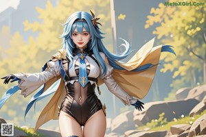 A woman with long blue hair wearing a black and white outfit.