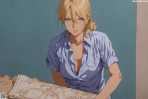 A woman in a blue shirt sitting at a table.